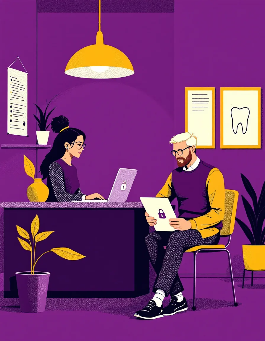 Illustration of two consultants at a dental reception desk with a laptop and a clipboard