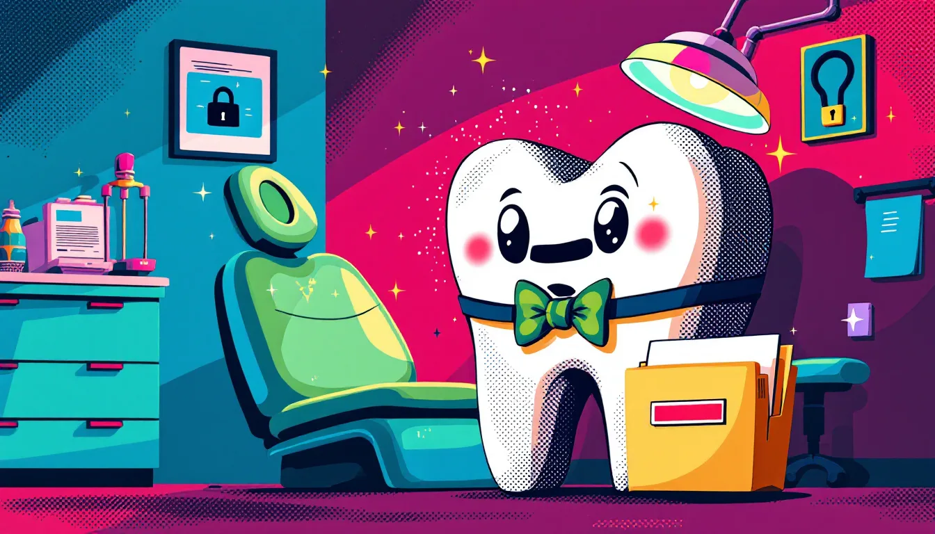 Pop-art screenprint of a tooth wearing a padlock bow tie beside a dental chair and a redacted patient folder