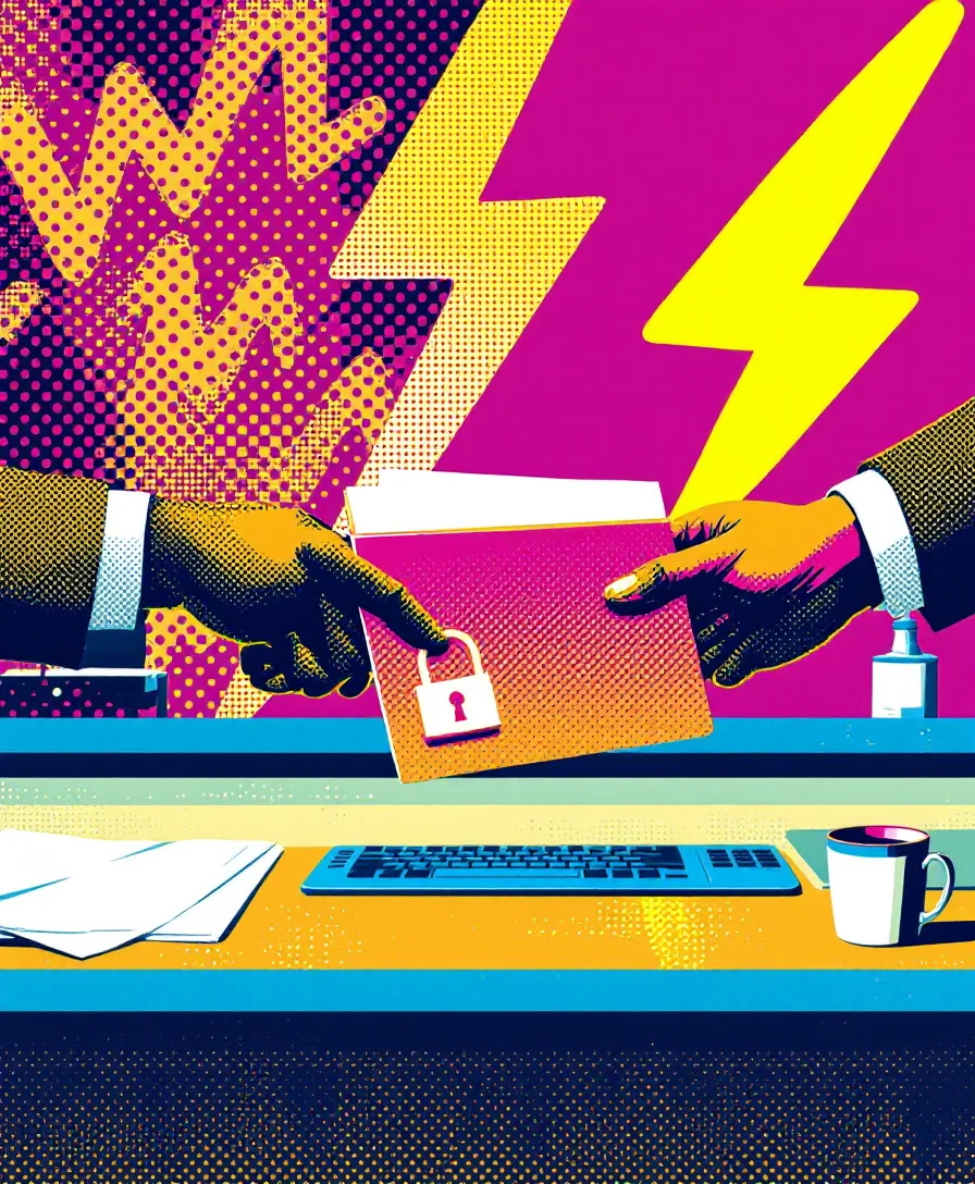 Pop-art screenprint of two hands passing a padlocked patient folder across a reception desk